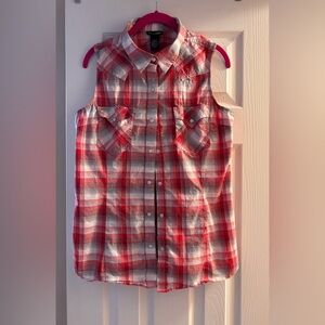 Wrangler Red and White Plaid Sleeveless Shirt Pearly Snap Buttons size L
